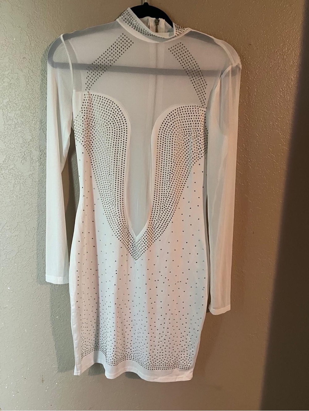White Mesh Rhinestone Long Sleeve Bodycon Dress